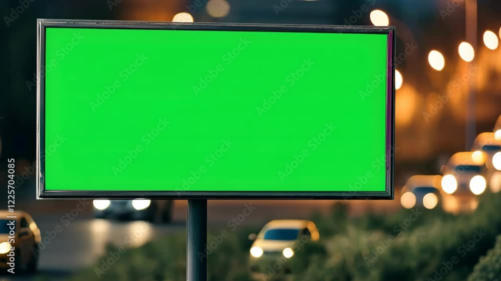 Poster vintage cinema marquee with green screen for custom text in urban night setting with soft bokeh effe