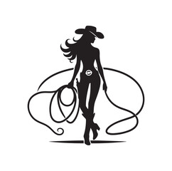 Cowgirl standing and holding lasso silhouette vector illustration