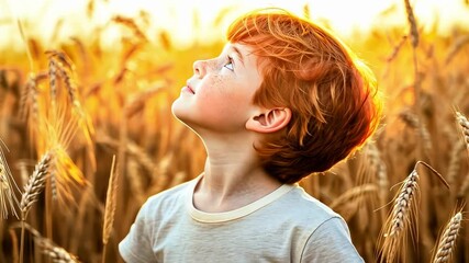 Young boy gazing upward in golden field, dusk light illuminating. Child appreciating nature at sunset. Kid in tranquil wheat landscape. Youngster enjoying serene rural environment. Vibe of peaceful