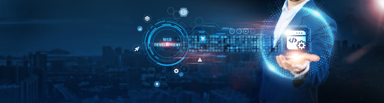 Web Development: Businessman holding icon and data exchanges representing seamless connection on city background, responsive design, front-end development, user experience, and website optimization.