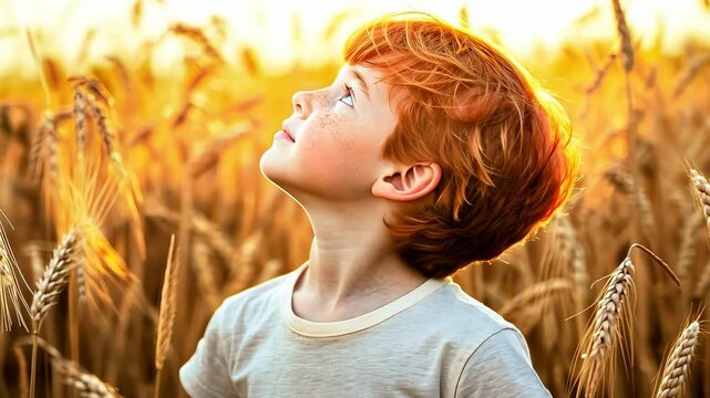 Young boy gazing upward in golden field, dusk light illuminating. Child appreciating nature at sunset. Kid in tranquil wheat landscape. Youngster enjoying serene rural environment. Vibe of peaceful