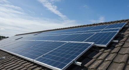 Residential Solar Panel Installation on Tile Roof under Sunny Sky