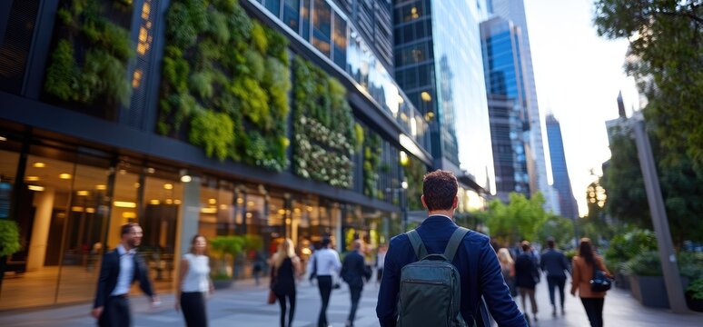 Man walks city street, green wall backdrop, urban commute