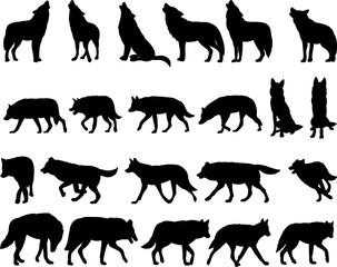 wolves collection, set black silhouette vector