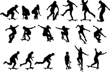 people on skateboards collection, set black silhouette vector