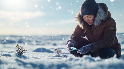 Obraz premium Female Arctic Biologist Studying Polar Plants