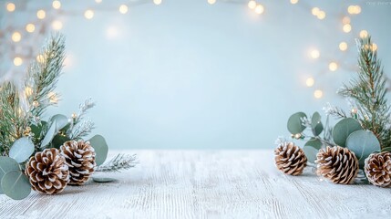 Festive winter scene with pine cones and eucalyptus on wooden table, bokeh lights background, holiday card