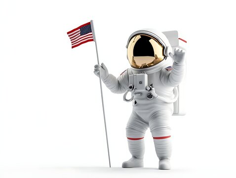 smiling astronaut waving holding small flag isolated white background
