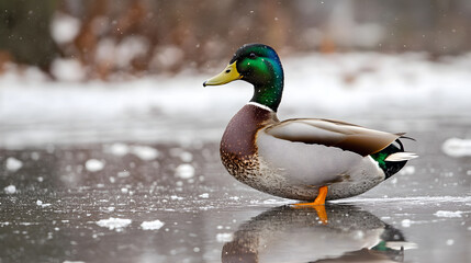 Fototapeta premium Majestic Mallard: Serenity Amidst Snow-Covered Waters on a Winter Day