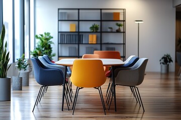 Modern office interior with white walls wooden floor black bookcase round table colorful chairs and natural lighting