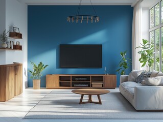 Modern living room with blue wall white ceiling TV unit chandelier wooden shelf brown cabinet window curtains