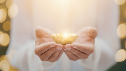 Hands offering radiant golden bowl with glowing light, representing spiritual devotion, generosity and sacred blessing in tranquil atmosphere, evoking hope, faith and reverence during ceremony