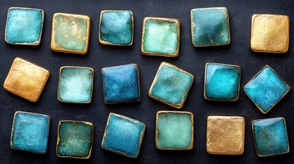 Teal gold square tiles arranged on dark background