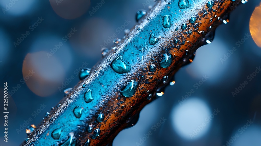 Poster macro photography of water droplets on brown and blue surface with bokeh background creates striking