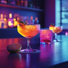 Upscale nightlife experience luxury cocktail lounge vibrant drinks stylish environment dynamic viewpoint