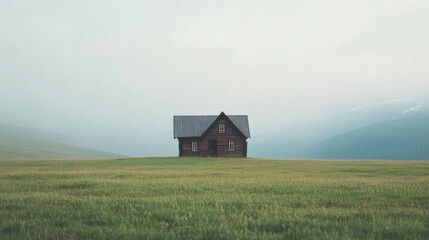 Lonely wooden cabin on a vast green field with mountains in the background under a misty sky.