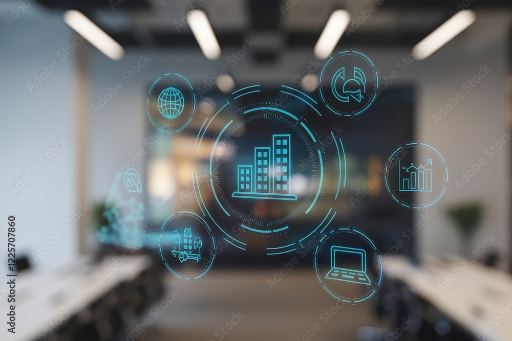 Poster futuristic business technology interface: global network, data analytics, and efficient workflow