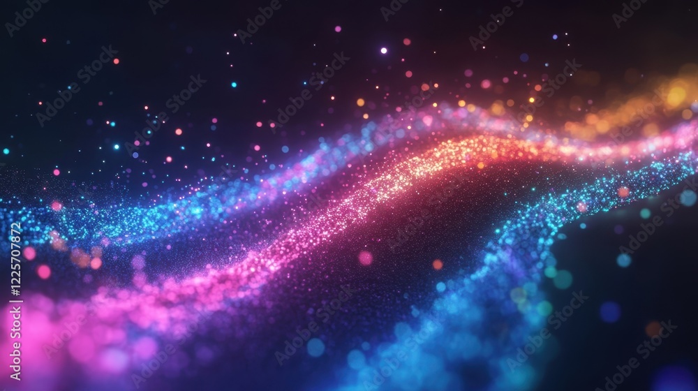 Fototapete Creating an abstract background with glowing particles, forming a colorful wave in a dark digital space, results in a dynamic and vibrant visual effect full of energy and movement