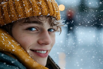 Young person wearing yellow knit beanie and scarf smiling during snowfall, close-up portrait with bokeh lights and winter atmosphere in background.