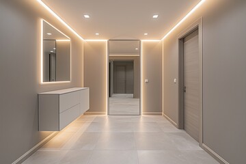 White entrance hall mirror cabinet cabinets on both sides light gray floor tiles LED lights minimalist design professional photography high-resolution
