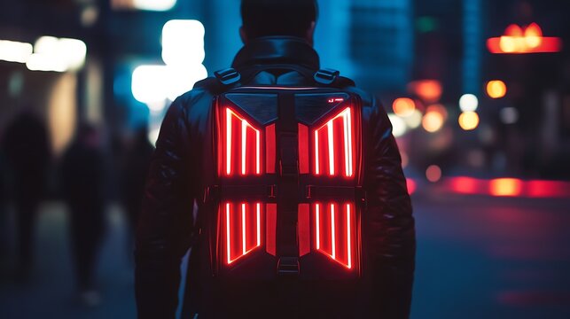 A modular, modern backpack with interchangeable glowing panels for customization