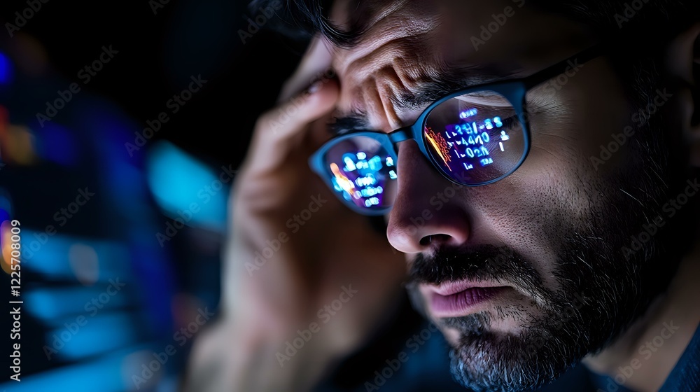 Poster bearded man with glasses reflecting digital interface at night, blue light illuminating face while w