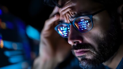 Bearded man with glasses reflecting digital interface at night, blue light illuminating face while working late on computer screen for technology concept.