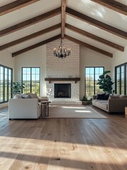 White farmhouse living room with fireplace large windows wooden beams light wood floors and modern furniture