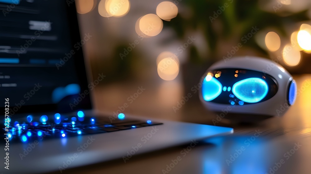 Poster futuristic robot companion with glowing blue eyes next to laptop keyboard in evening atmosphere with