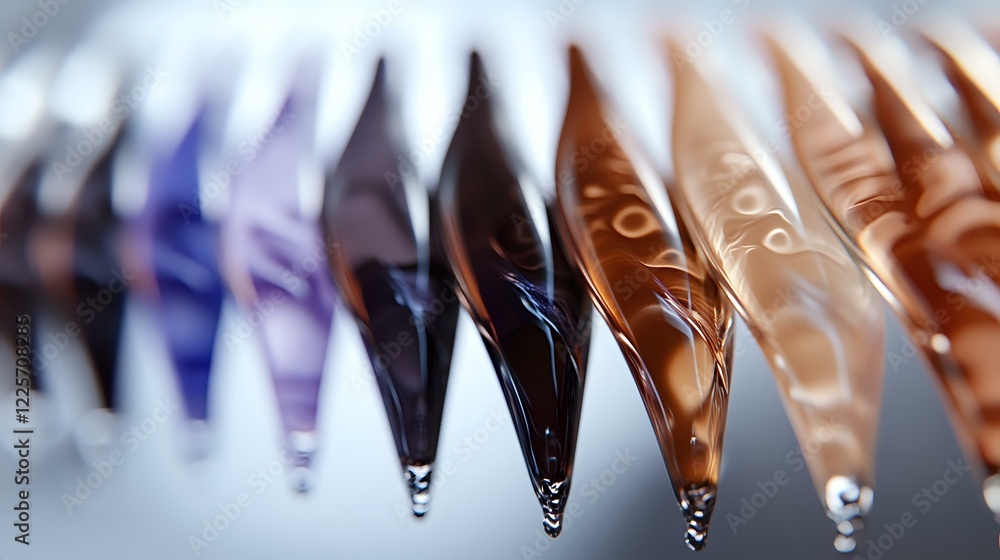 Poster colorful liquid chocolate drops in row with selective focus creating abstract pattern of brown and p