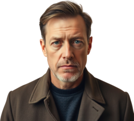 Sad German mature man isolated on transparent background