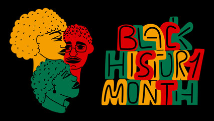 Black History month vector design banner with handwritten text and black people