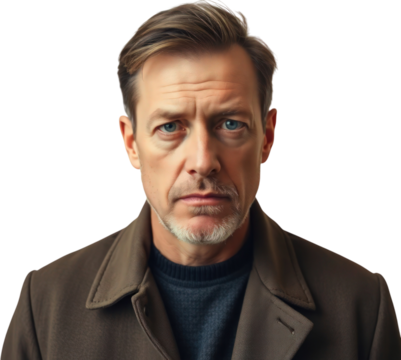 Sad German mature man isolated on transparent background