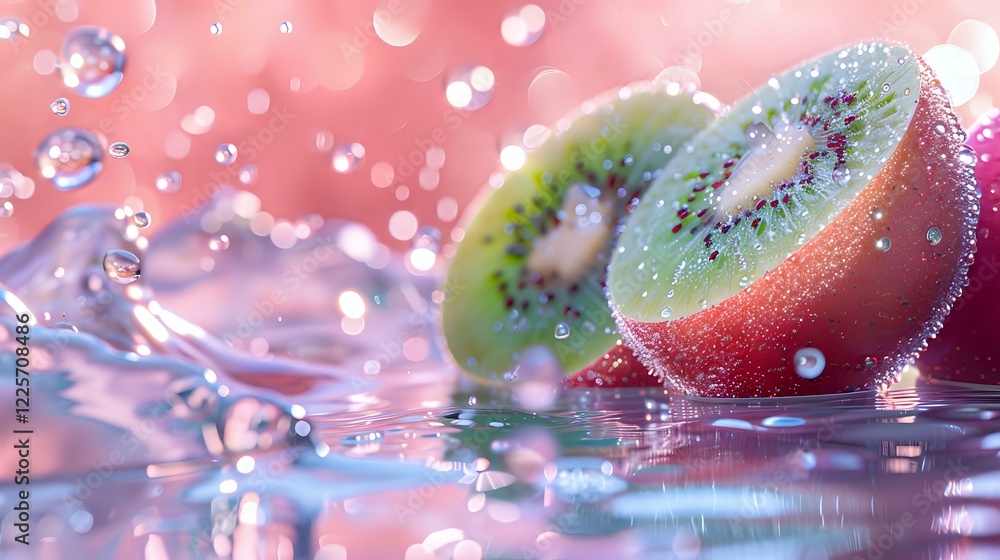 Poster fresh kiwi fruit slices in splashing water with droplets against pink background creating dynamic mo