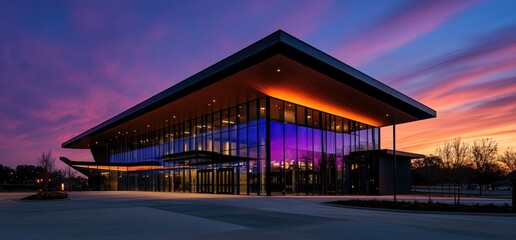 Fototapeta premium Modern building sunset exterior plaza. Event venue architectural design