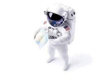smiling astronaut holding glowing map isolated white background