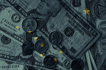 colourful flag of alaska state on a dollar money banknotes and coins background. finance concept. macro shot