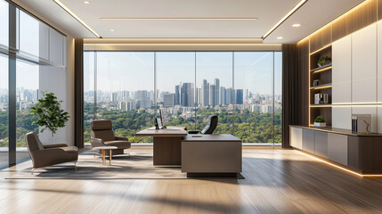 Fototapeta premium copy space, stockphoto, Modern executive, ceo office with desk and chair, large windows overlooking city view, wooden flooring, and clean minimalist design. Amazing office interior, mockup.