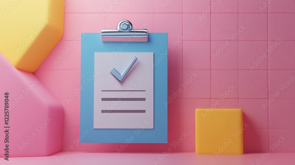 Poster 3d clipboard business document note paper with checkmark or tick mark icon. 3d render