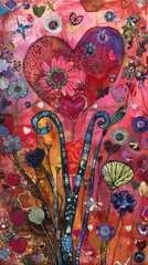 Fototapeta premium A vibrant collage of flowers and hearts in reds, pinks, and blues, on a colorful orange background, creating a joyful and whimsical scene