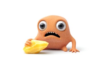 tiny monster with big eyes holding glowing gem isolated white background