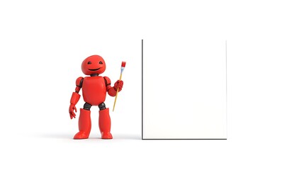 robot holding paintbrush canvas smiling isolated white background