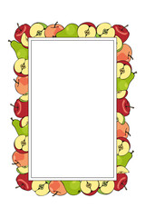 vertical frame of colored apples and pears, hand-drawn in cartoon style.