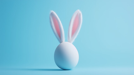 Fototapeta premium Minimalist Easter scene with soft pink bunny ears popping out of a single egg on a pale blue background