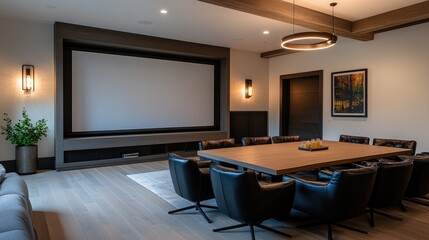 Fototapeta premium Modern home theater room with large screen, seating, and wood floors