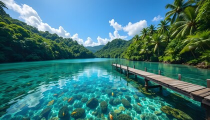 Obraz premium Tropical lagoon with wooden pier and clear water for an exotic summer vacation