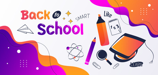 Back to school greeting design template with graduation cap elements and lineart and solid style stationery. educational background. time to go back to school