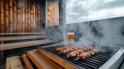a cozy Russian banya with wooden benches, the scent of hot steam filling the air