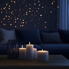 Cozy Night Scene with Burning Candles and Festive Lights