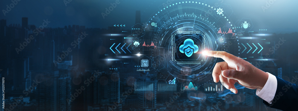 Poster cloud security: businessman’s hand touching futuristic technological interface, data encryption, sec